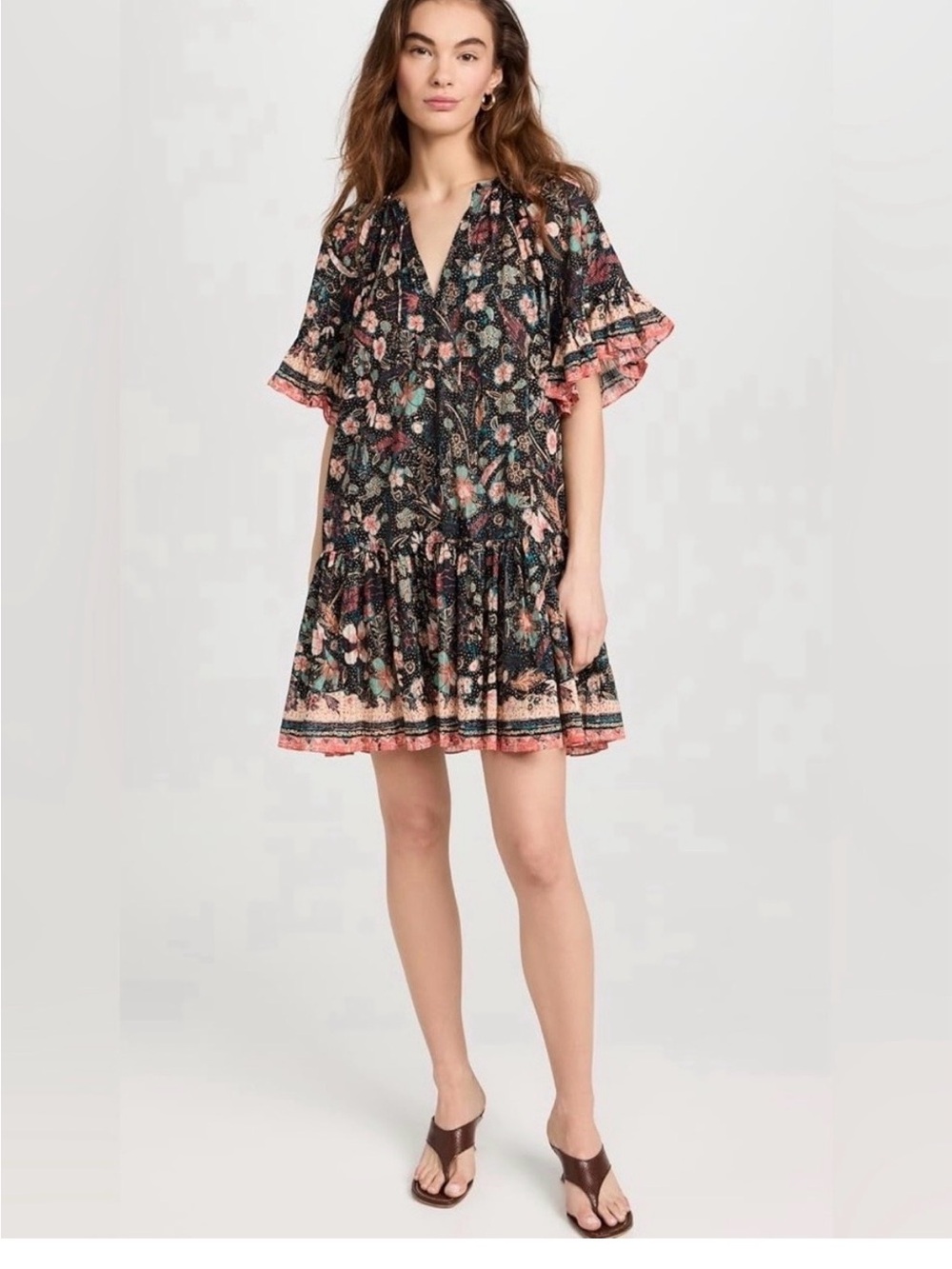 Ulla Johnson Malie Dress in Obsidian Floral V-Neck Ruffle Mini, 00